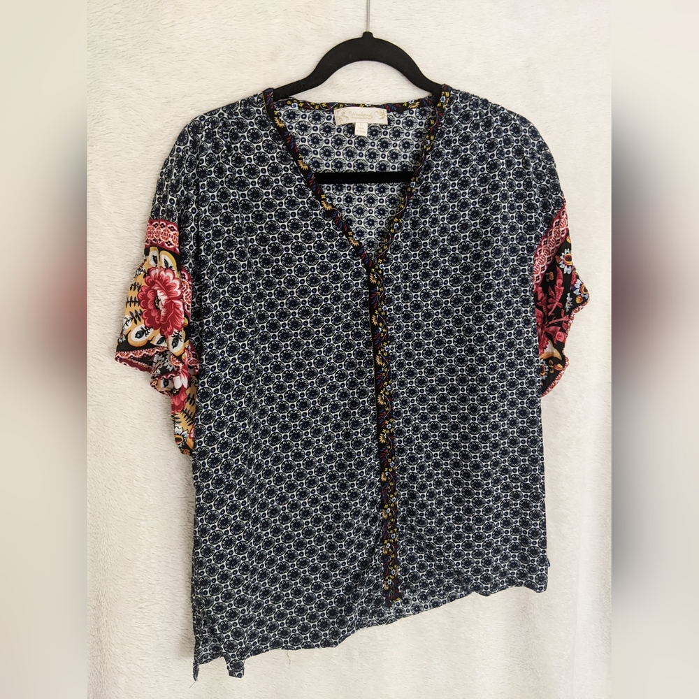 Suzanne Betro Weekend Large Blouse, Boho Blue Medallion, Bright Floral Sleeves